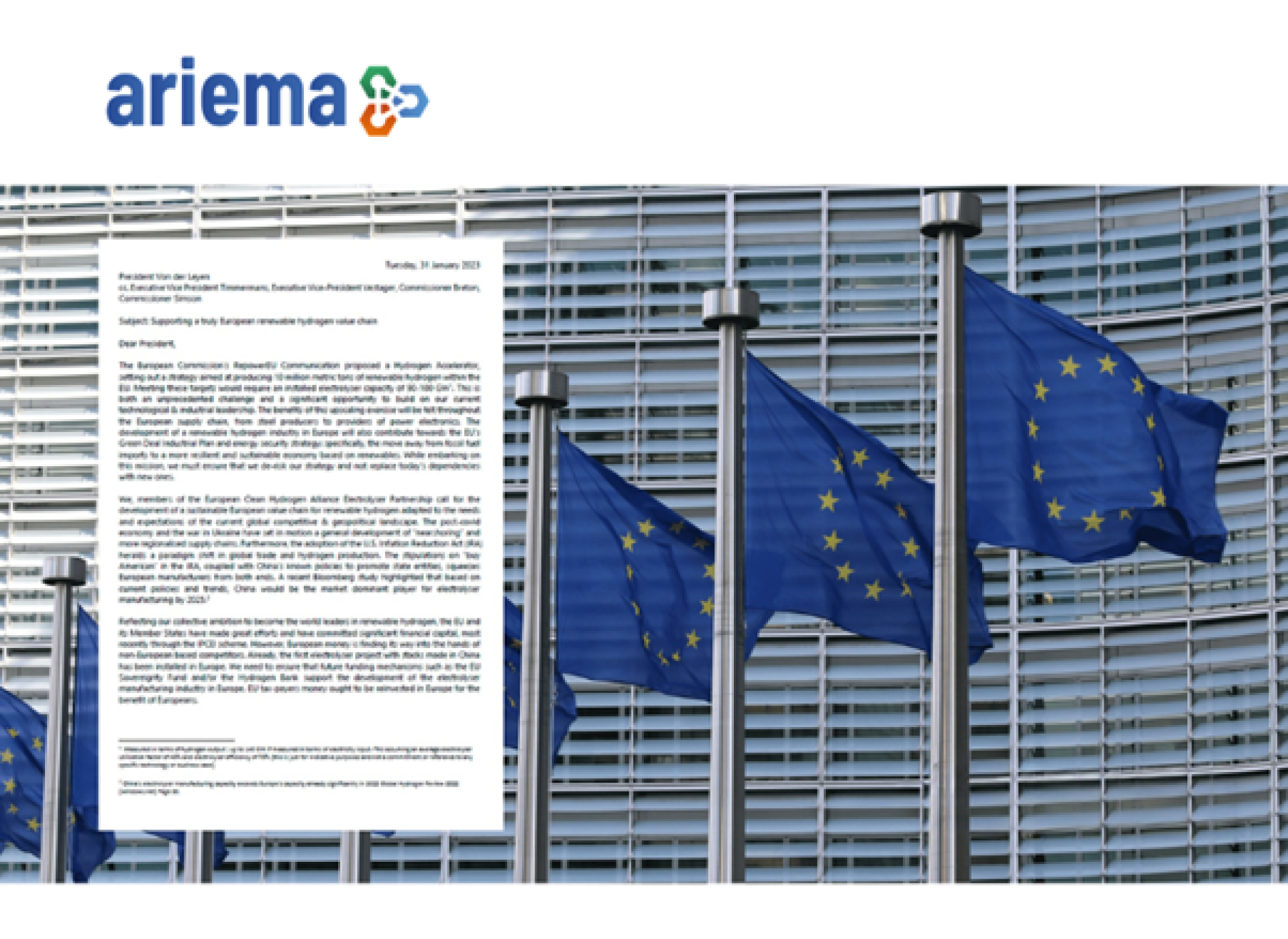 Los fabricantes de electrolizadores, entre los que está la española ARIEMA, piden a la Comisión un mayor apoyo a la cadena de valor europea de hidrógeno renovable