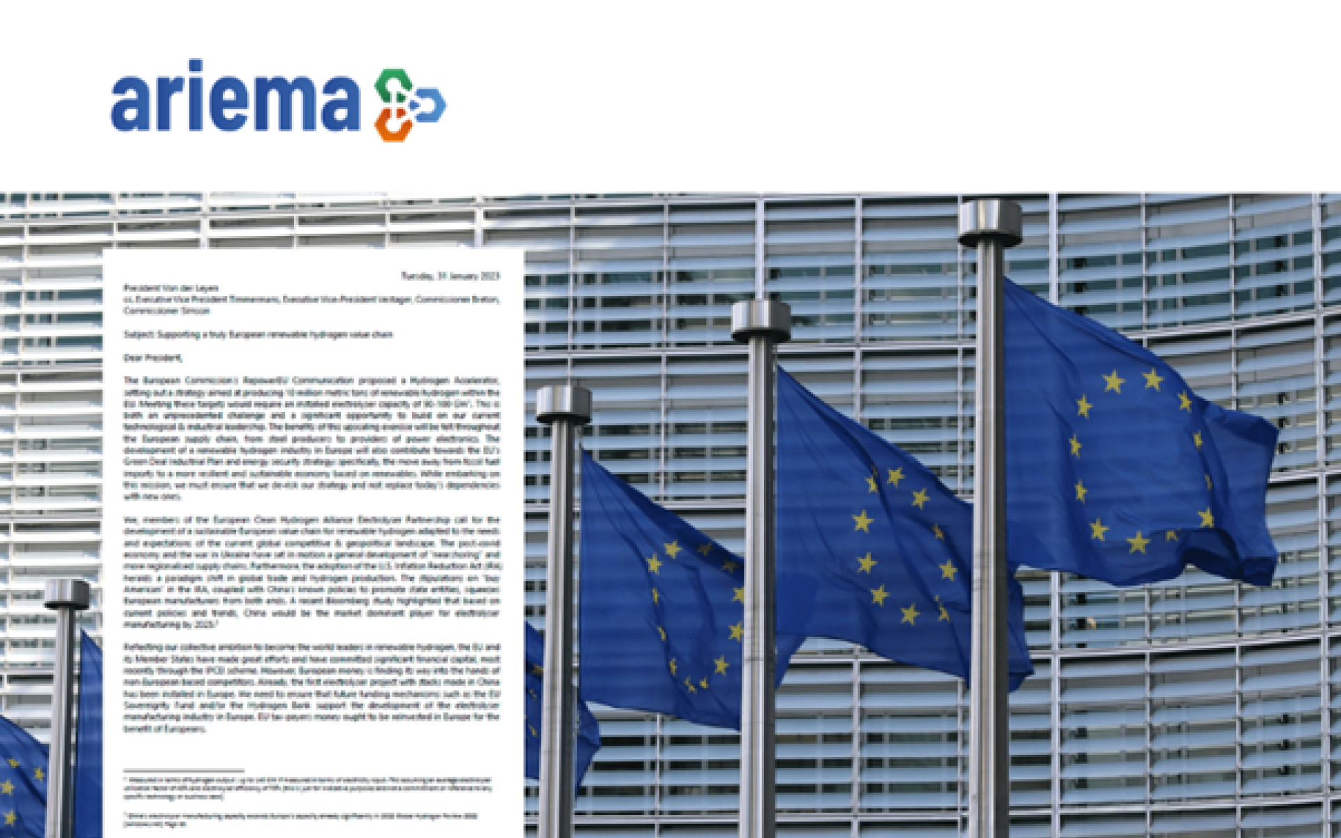 Los fabricantes de electrolizadores, entre los que está la española ARIEMA, piden a la Comisión un mayor apoyo a la cadena de valor europea de hidrógeno renovable